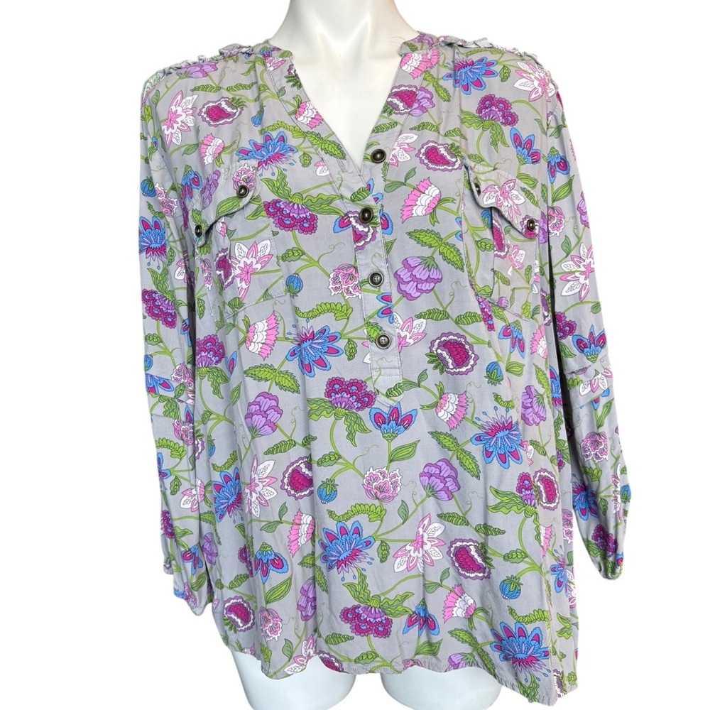 Matilda Jane Thinking Out Loud Floral Tunic Top Gray Boho XL XLarge